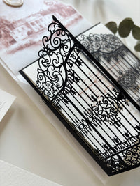 Personalised Laser Cut Wedding Invitation Suite, Gold Foil Invitations, Custom Venue Sketch, Elegant Gatefold Wedding Invitation
