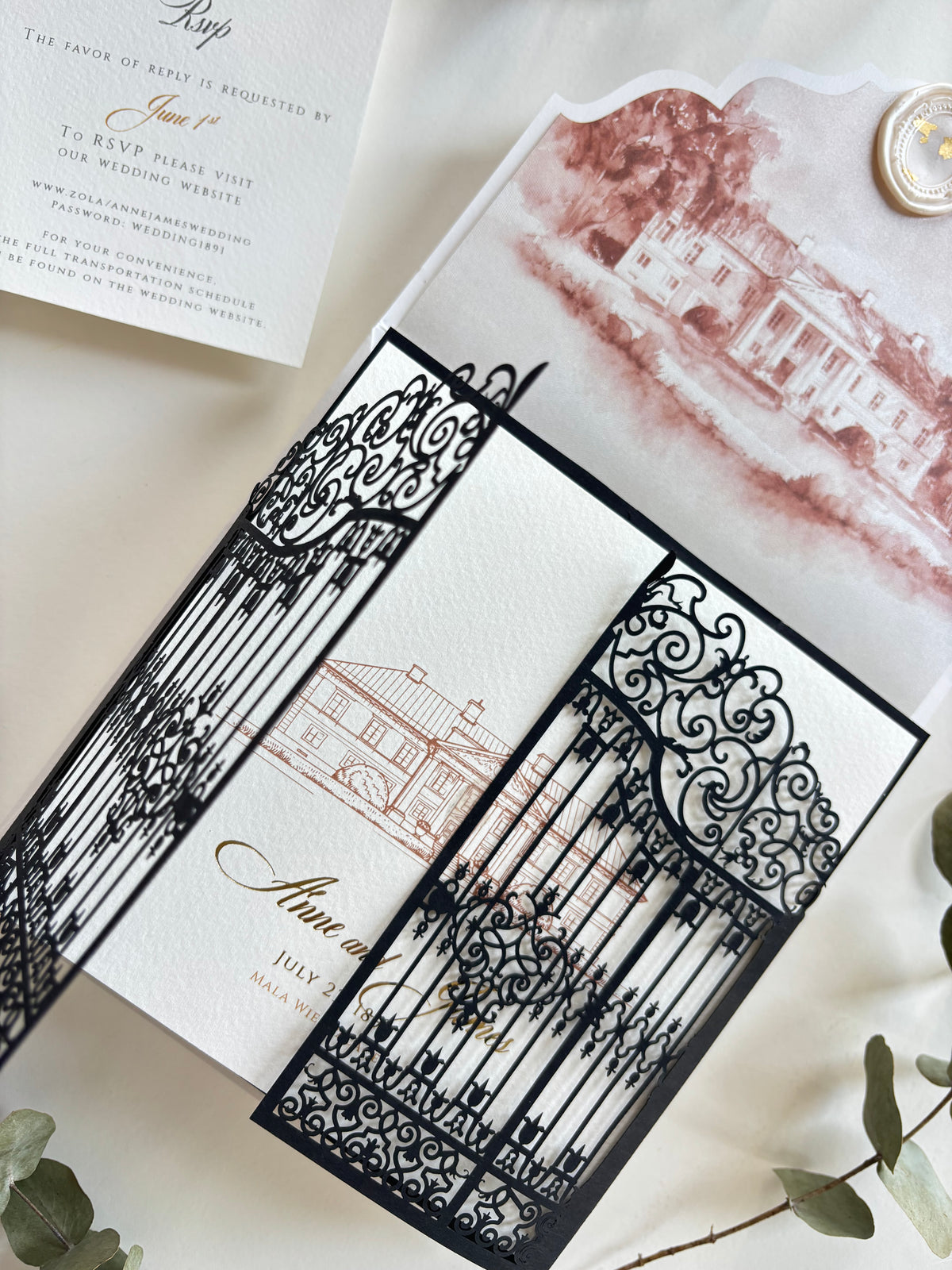Personalised Laser Cut Wedding Invitation Suite, Gold Foil Invitations, Custom Venue Sketch, Elegant Gatefold Wedding Invitation