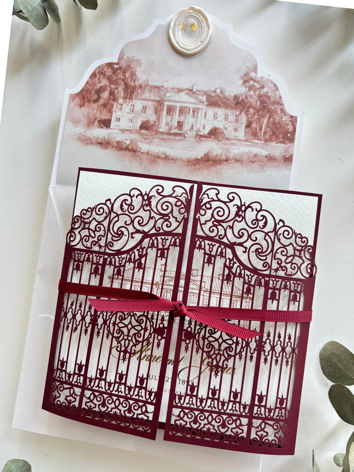 Personalised Laser Cut Wedding Invitation Suite, Gold Foil Invitations, Custom Venue Sketch, Elegant Gatefold Wedding Invitation