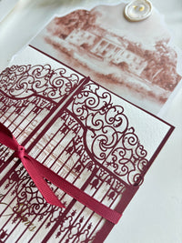 Personalised Laser Cut Wedding Invitation Suite, Gold Foil Invitations, Custom Venue Sketch, Elegant Gatefold Wedding Invitation