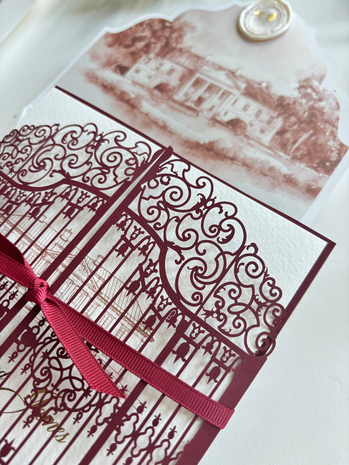 Personalised Laser Cut Wedding Invitation Suite, Gold Foil Invitations, Custom Venue Sketch, Elegant Gatefold Wedding Invitation
