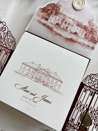 Personalised Laser Cut Wedding Invitation Suite, Gold Foil Invitations, Custom Venue Sketch, Elegant Gatefold Wedding Invitation