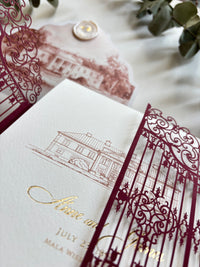 Personalised Laser Cut Wedding Invitation Suite, Gold Foil Invitations, Custom Venue Sketch, Elegant Gatefold Wedding Invitation