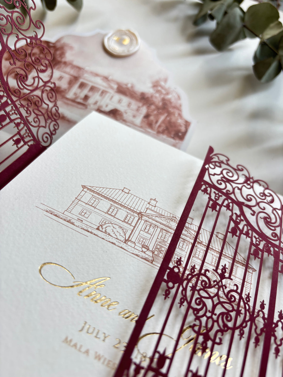 Personalised Laser Cut Wedding Invitation Suite, Gold Foil Invitations, Custom Venue Sketch, Elegant Gatefold Wedding Invitation