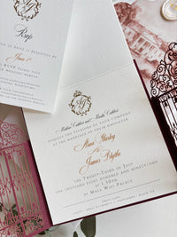 Personalised Laser Cut Wedding Invitation Suite, Gold Foil Invitations, Custom Venue Sketch, Elegant Gatefold Wedding Invitation