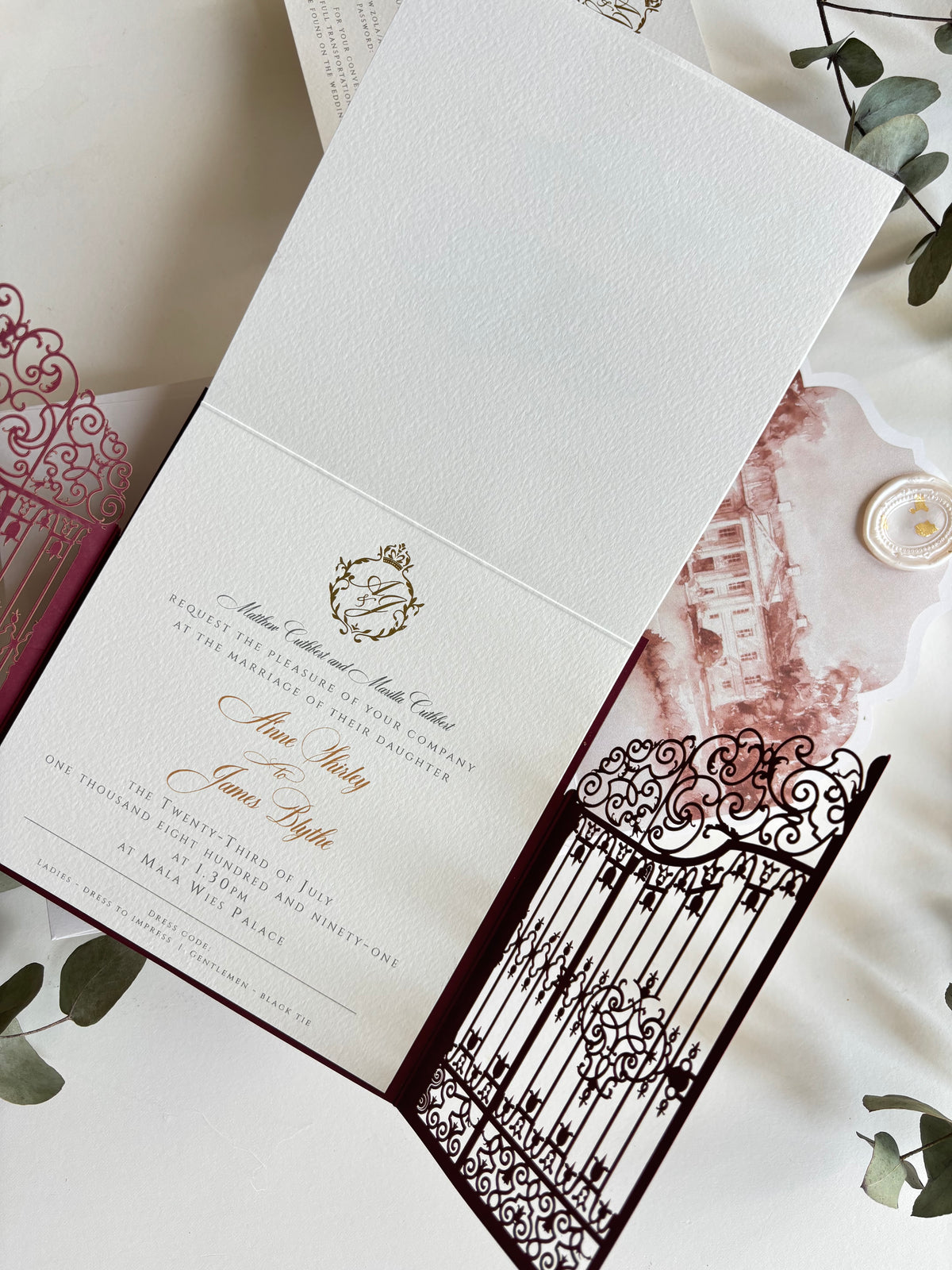 Personalised Laser Cut Wedding Invitation Suite, Gold Foil Invitations, Custom Venue Sketch, Elegant Gatefold Wedding Invitation