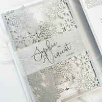 Silver Glitter Winter Wonderland Invitation, Laser Cut Snowflakes with Belly Band, Winter Wedding
