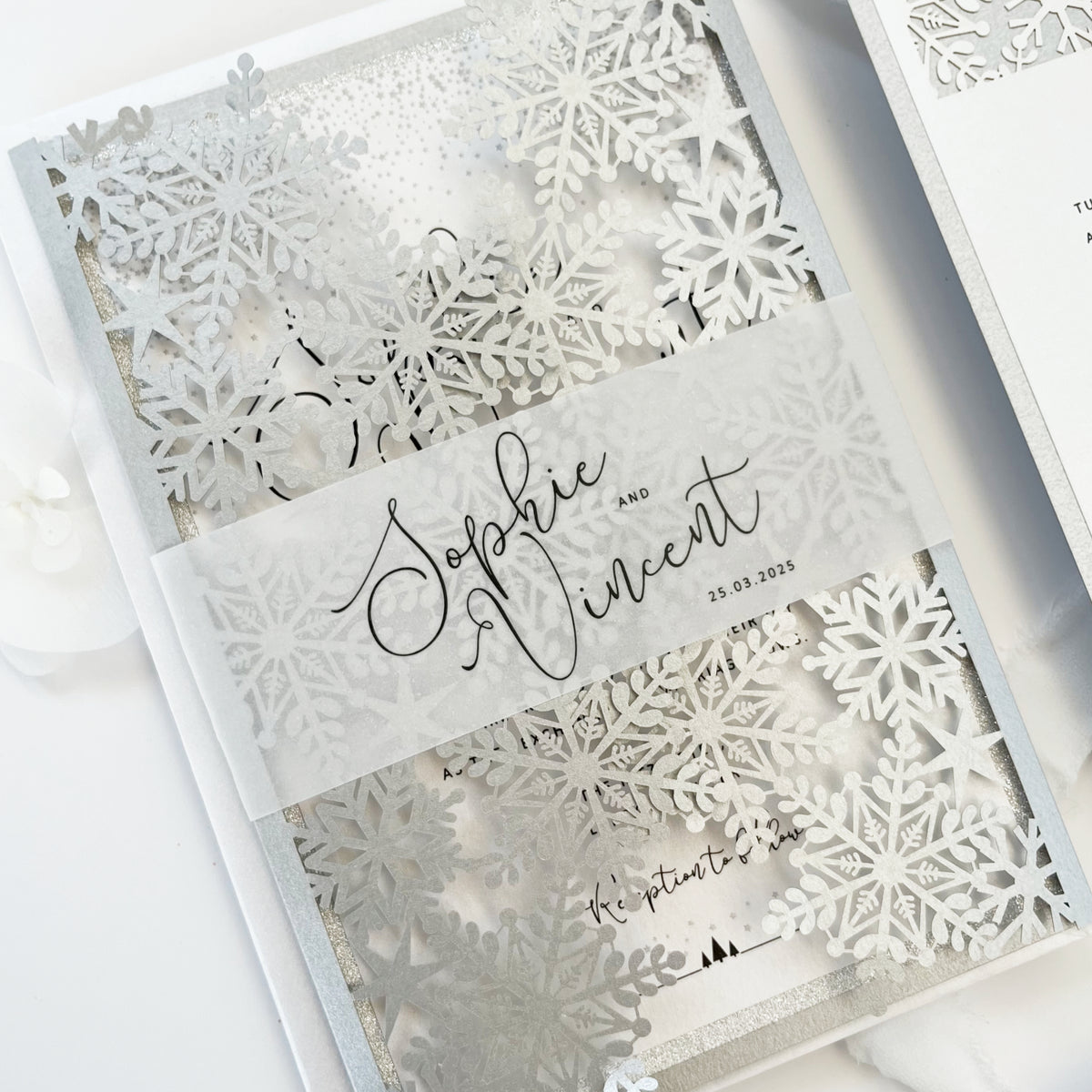 Silver Glitter Winter Wonderland Invitation, Laser Cut Snowflakes with Belly Band, Winter Wedding