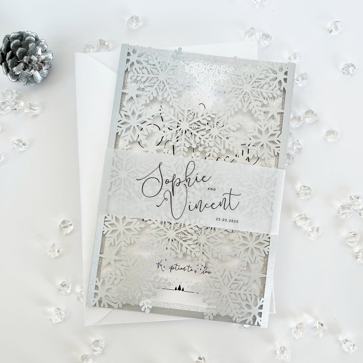 Silver Glitter Winter Wonderland Invitation, Laser Cut Snowflakes with Belly Band, Winter Wedding