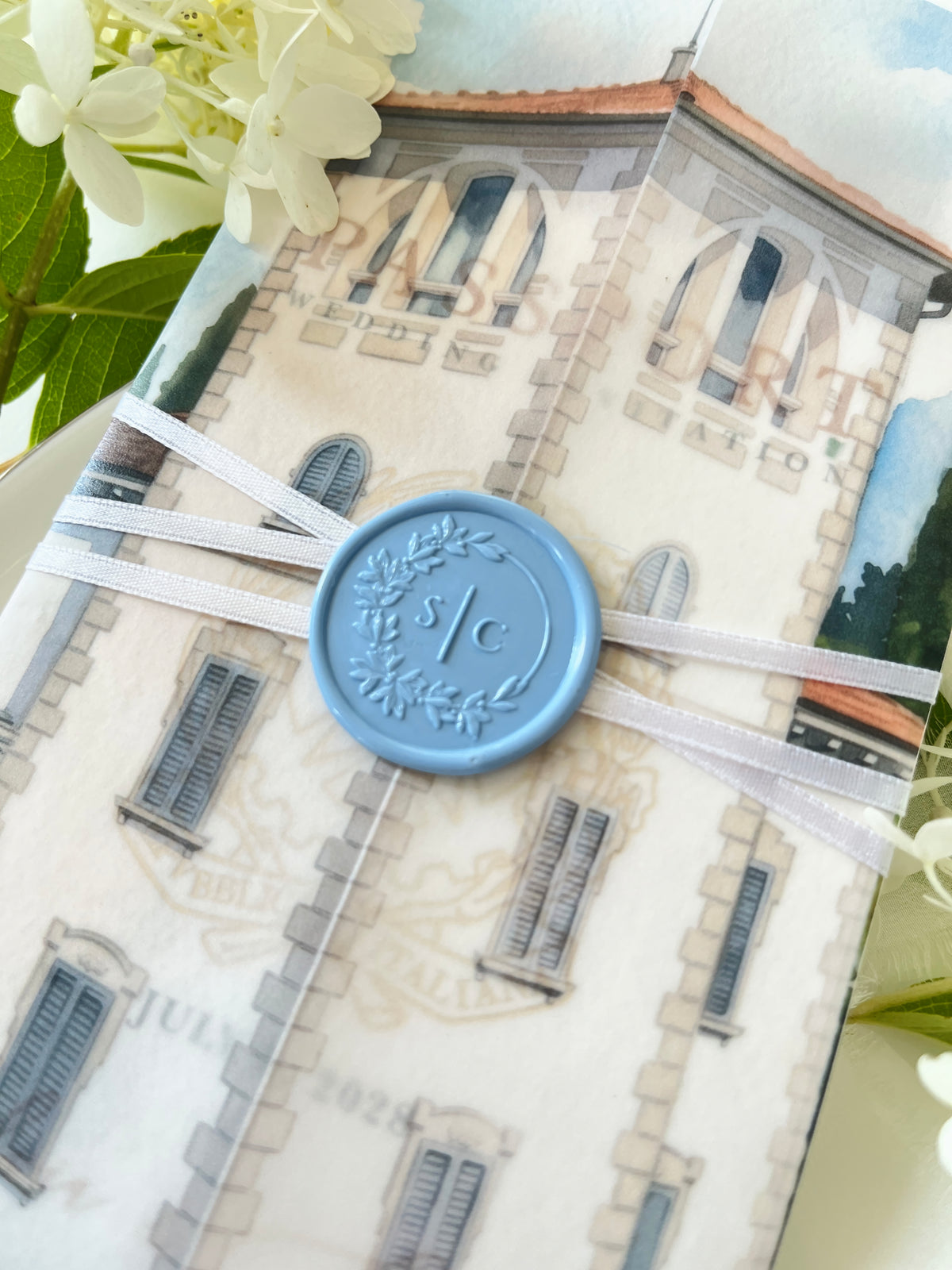 Passport Wedding Invitation with Vellum Cover & Custom Venue Watercolour, Villa Cappuccina Wedding, Destination Wedding Suite