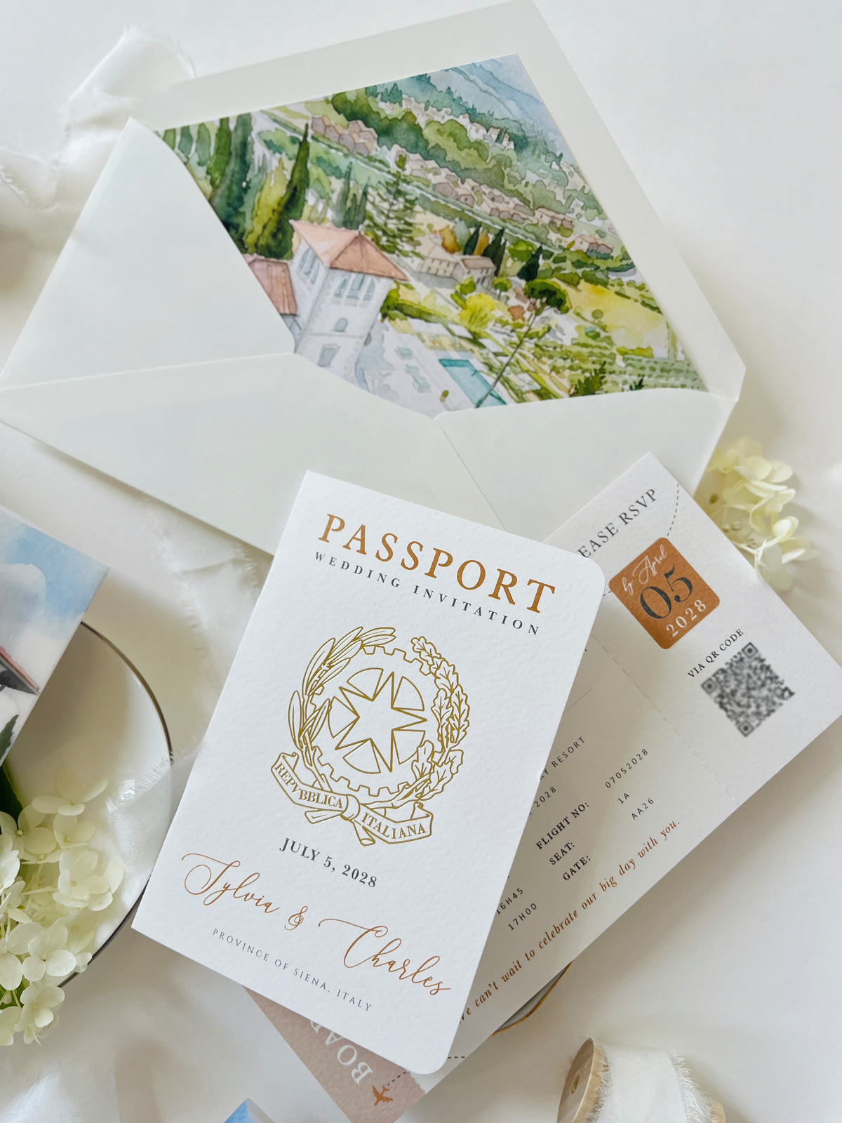 Passport Wedding Invitation with Vellum Cover & Custom Venue Watercolour, Villa Cappuccina Wedding, Destination Wedding Suite