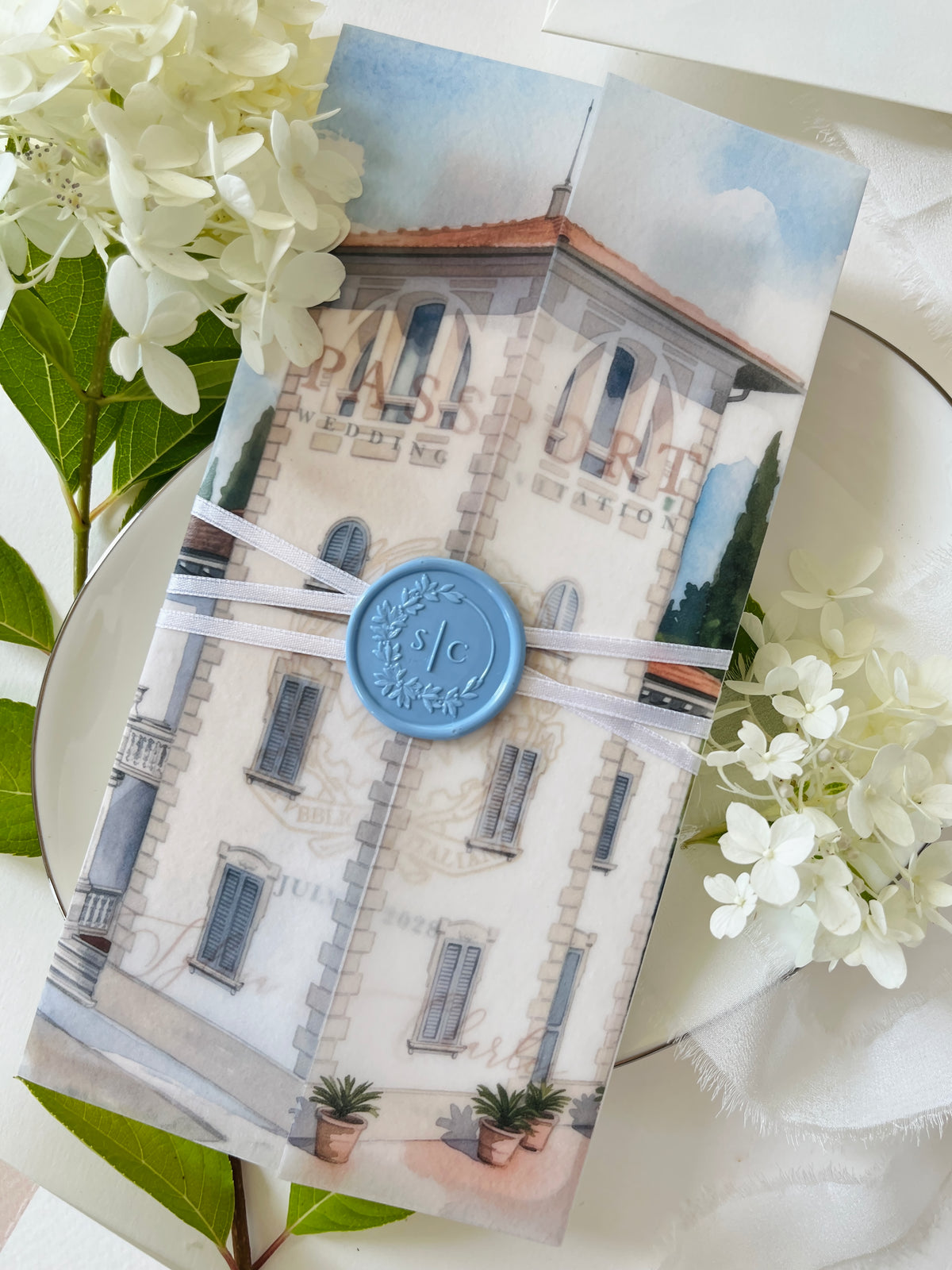 Passport Wedding Invitation with Vellum Cover & Custom Venue Watercolour, Villa Cappuccina Wedding, Destination Wedding Suite