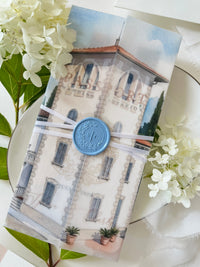 Passport Wedding Invitation with Vellum Cover & Custom Venue Watercolour, Villa Cappuccina Wedding, Destination Wedding Suite
