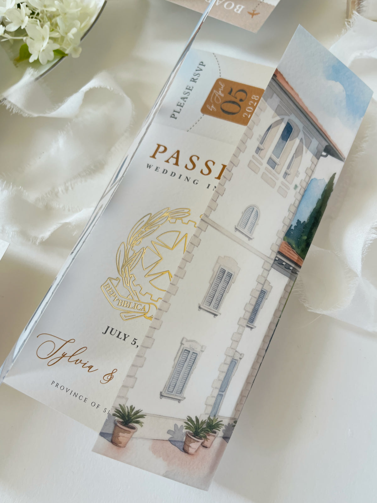 Passport Wedding Invitation with Vellum Cover & Custom Venue Watercolour, Villa Cappuccina Wedding, Destination Wedding Suite