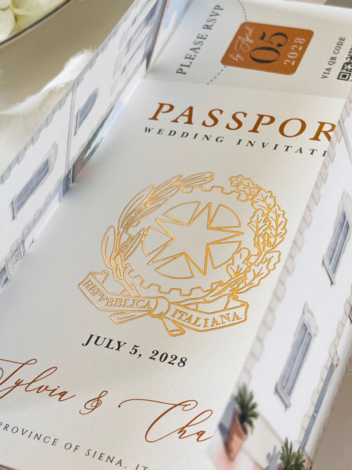 Passport Wedding Invitation with Vellum Cover & Custom Venue Watercolour, Villa Cappuccina Wedding, Destination Wedding Suite