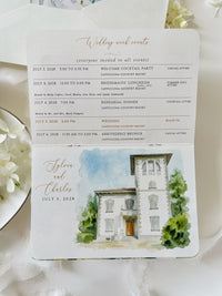 Passport Wedding Invitation with Vellum Cover & Custom Venue Watercolour, Villa Cappuccina Wedding, Destination Wedding Suite