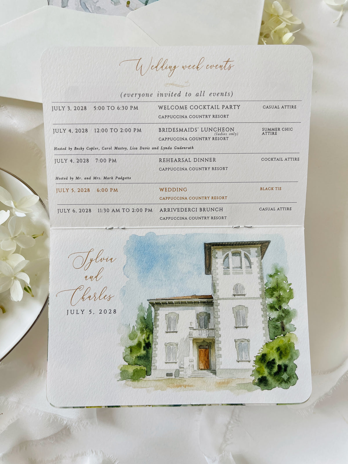 Passport Wedding Invitation with Vellum Cover & Custom Venue Watercolour, Villa Cappuccina Wedding, Destination Wedding Suite