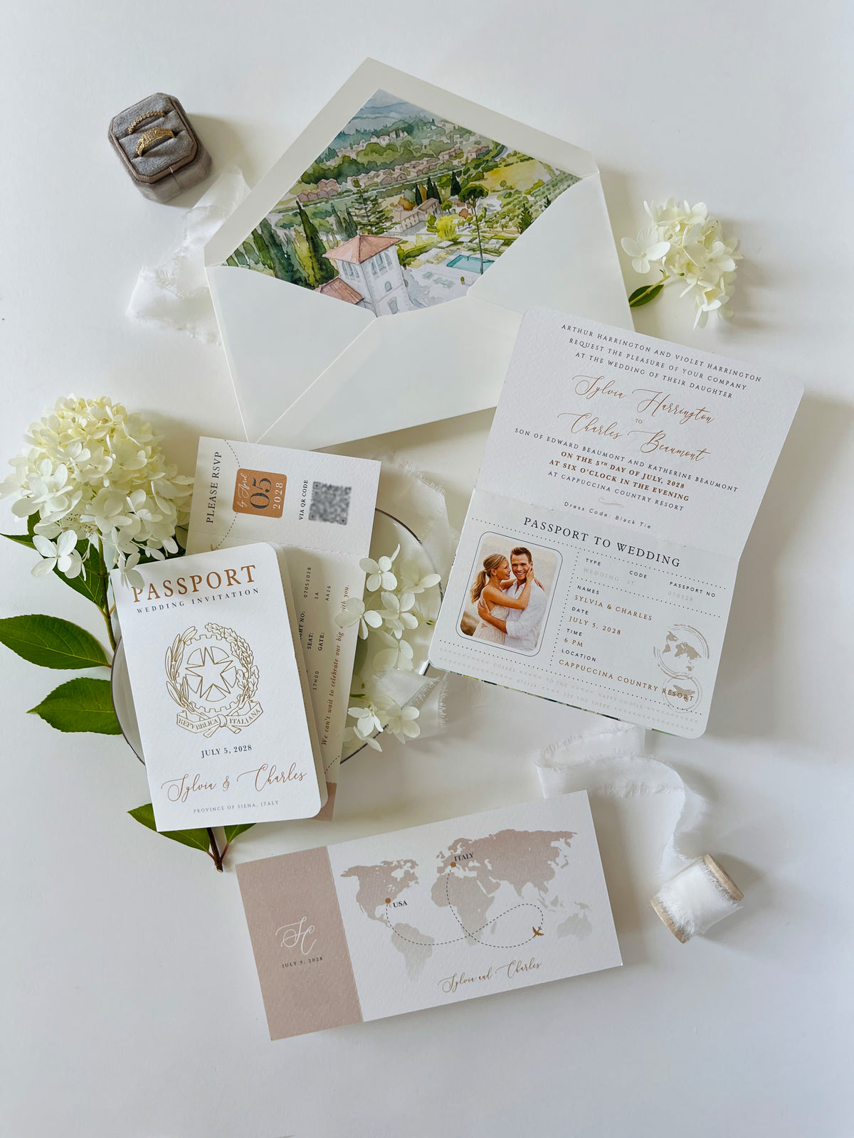 Passport Wedding Invitation with Vellum Cover & Custom Venue Watercolour, Villa Cappuccina Wedding, Destination Wedding Suite