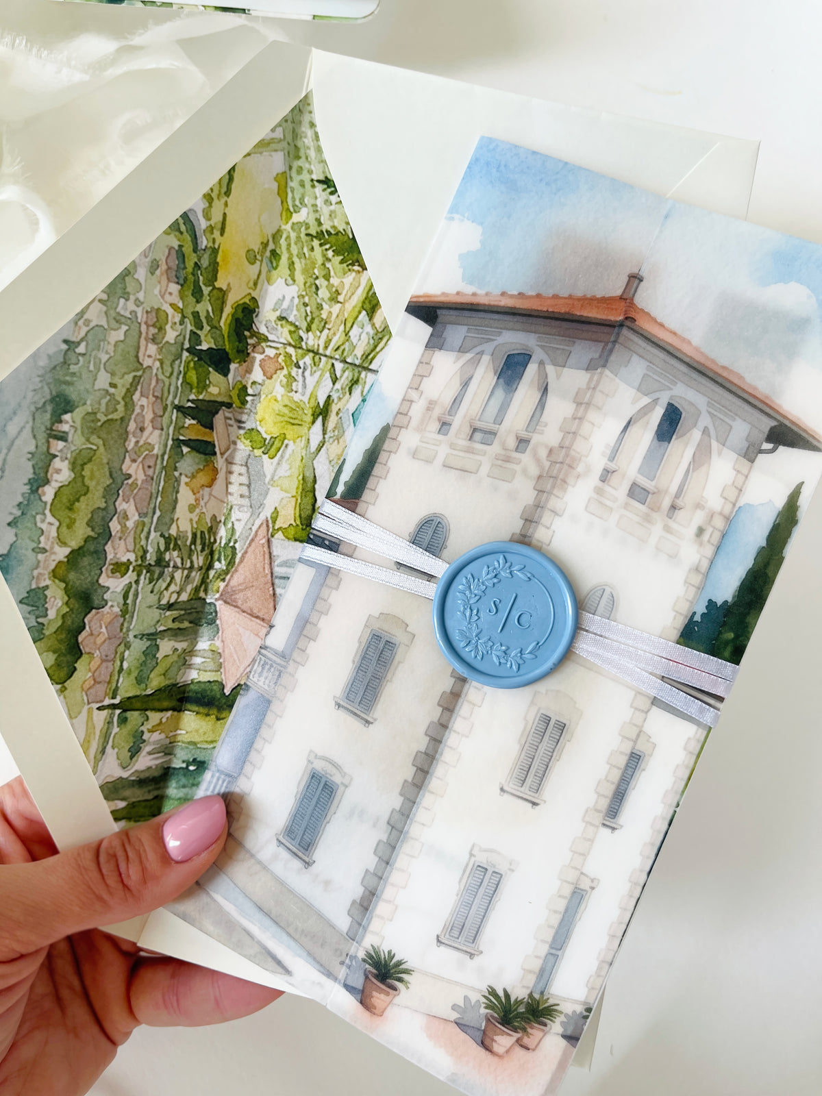 Passport Wedding Invitation with Vellum Cover & Custom Venue Watercolour, Villa Cappuccina Wedding, Destination Wedding Suite
