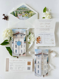 Passport Wedding Invitation with Vellum Cover & Custom Venue Watercolour, Villa Cappuccina Wedding, Destination Wedding Suite