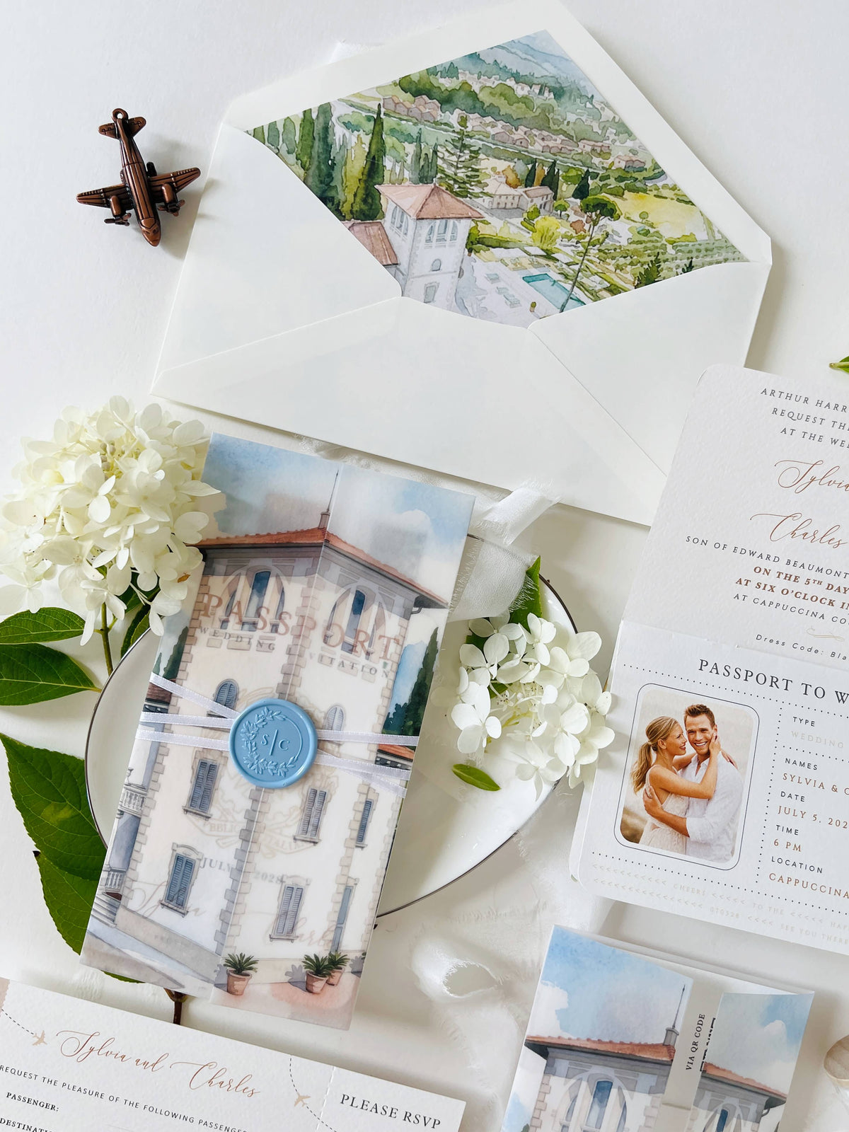 Passport Wedding Invitation with Vellum Cover & Custom Venue Watercolour, Villa Cappuccina Wedding, Destination Wedding Suite
