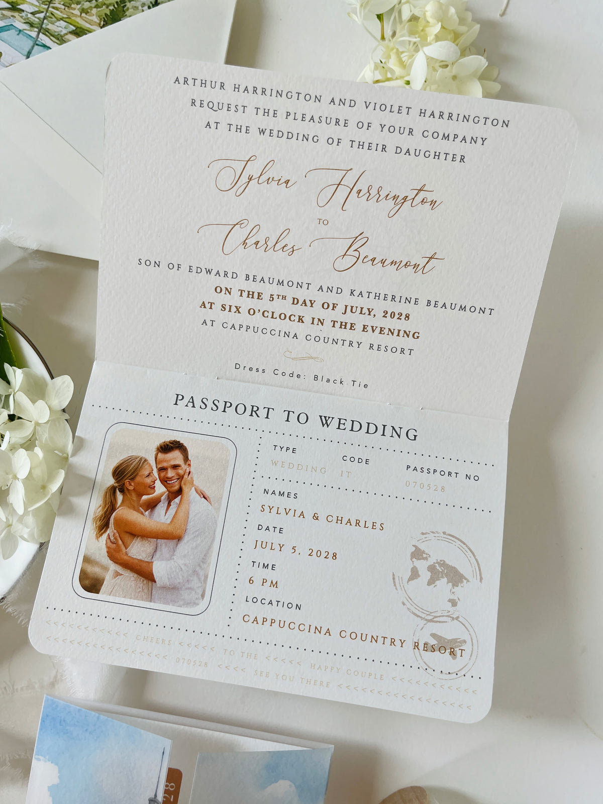 Passport Wedding Invitation with Vellum Cover & Custom Venue Watercolour, Villa Cappuccina Wedding, Destination Wedding Suite