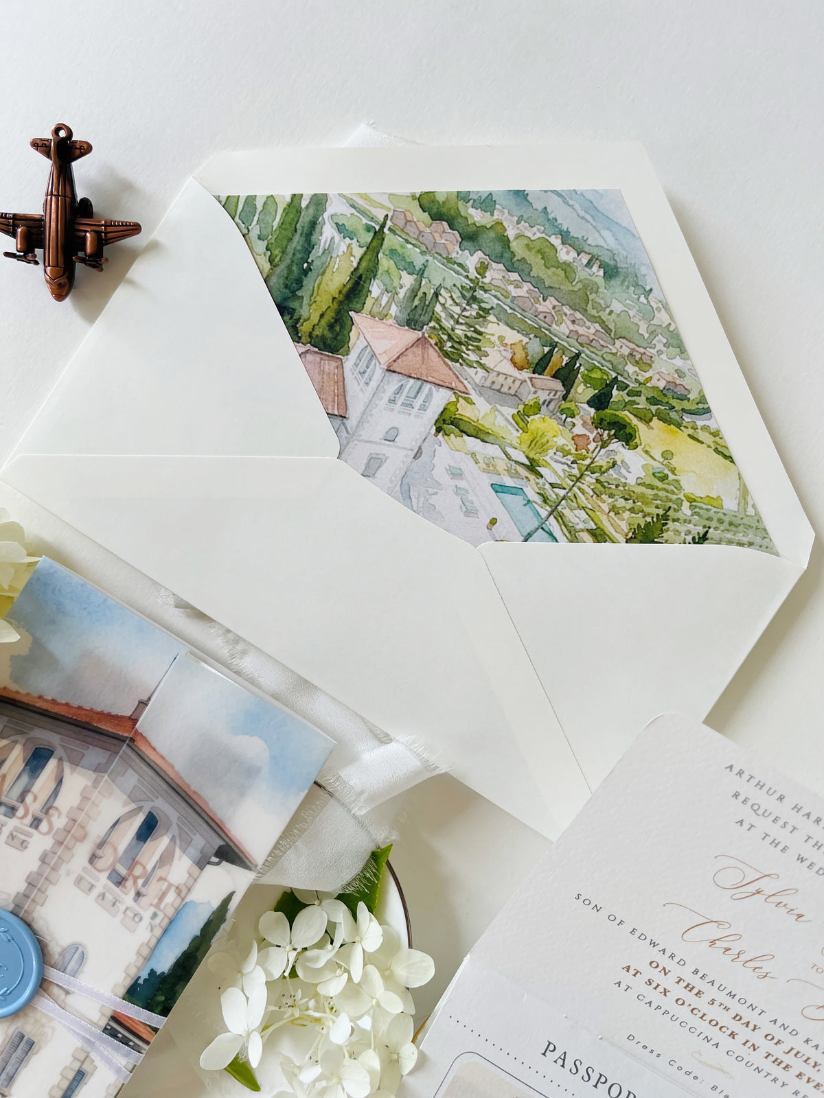 Passport Wedding Invitation with Vellum Cover & Custom Venue Watercolour, Villa Cappuccina Wedding, Destination Wedding Suite