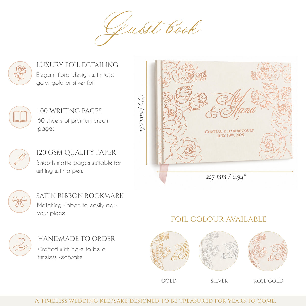 Personalised Wedding Guest Book with Rose Gold Foil, Floral Guest Book Sign, Custom Keepsake Book