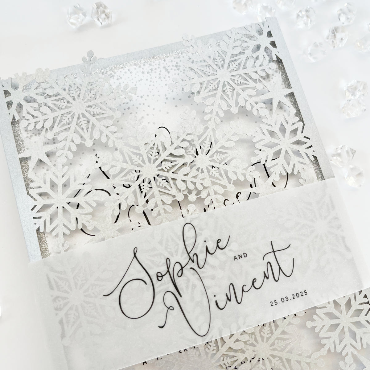 Silver Glitter Winter Wonderland Invitation, Laser Cut Snowflakes with Belly Band, Winter Wedding