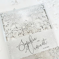 Silver Glitter Winter Wonderland Invitation, Laser Cut Snowflakes with Belly Band, Winter Wedding