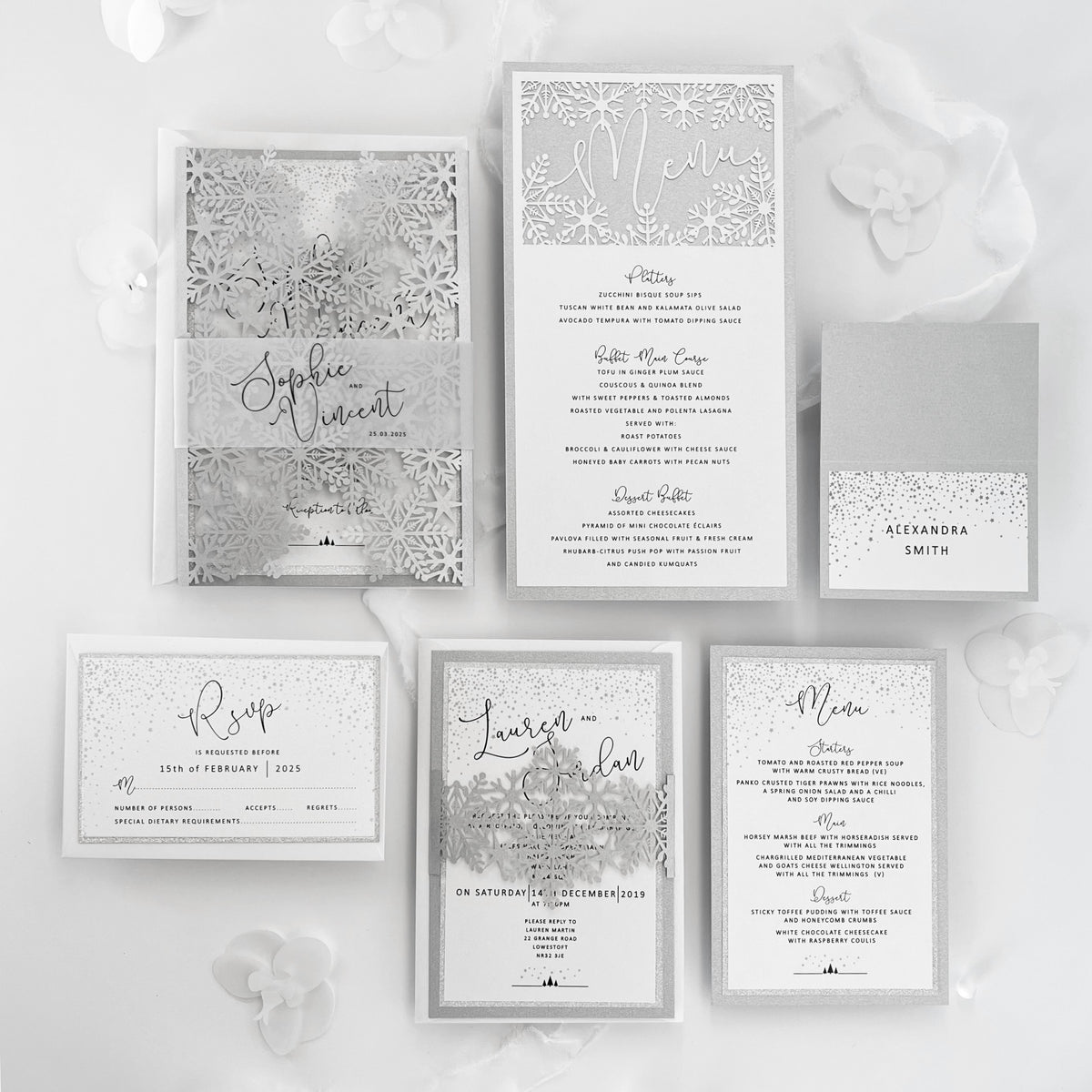 Silver Glitter Winter Wonderland Invitation, Laser Cut Snowflakes with Belly Band, Winter Wedding