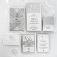 Silver Glitter Winter Wonderland Invitation, Laser Cut Snowflakes with Belly Band, Winter Wedding