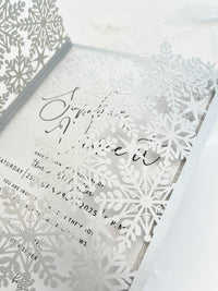 Silver Glitter Winter Wonderland Invitation, Laser Cut Snowflakes with Belly Band, Winter Wedding