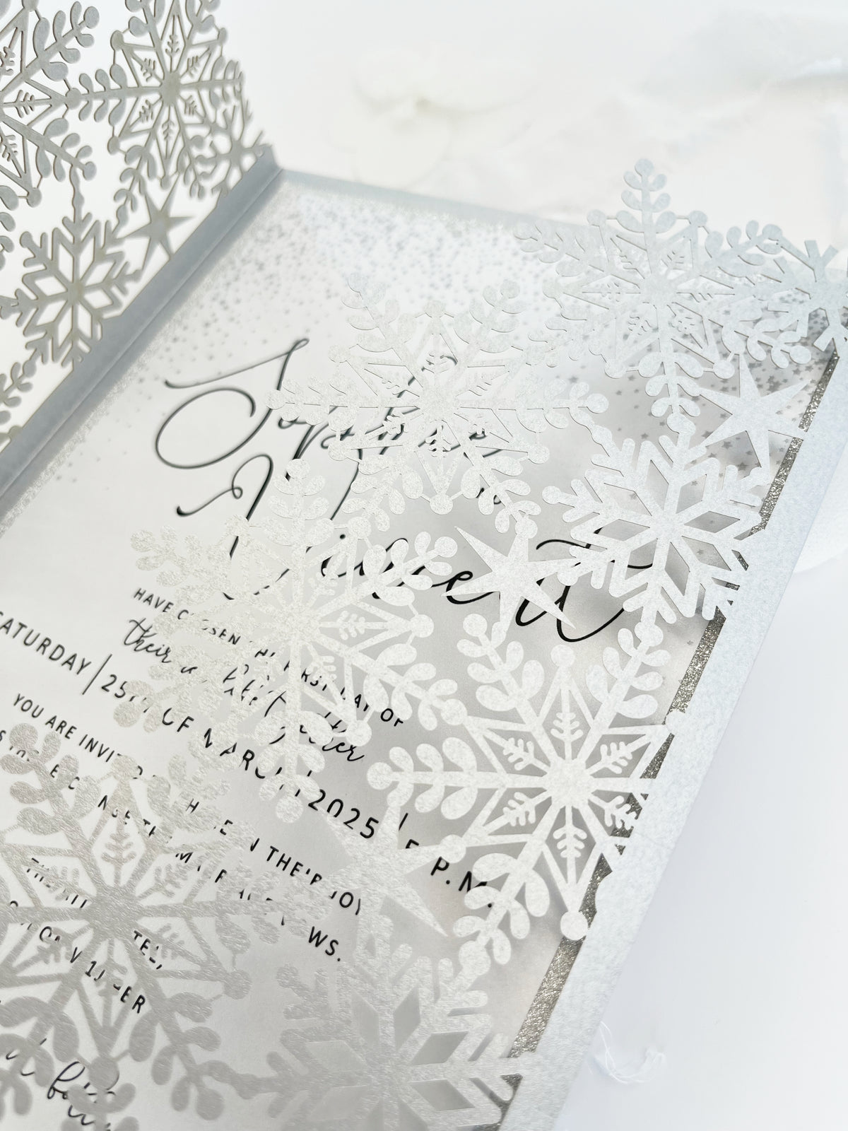 Silver Glitter Winter Wonderland Invitation, Laser Cut Snowflakes with Belly Band, Winter Wedding