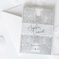 Silver Glitter Winter Wonderland Invitation, Laser Cut Snowflakes with Belly Band, Winter Wedding
