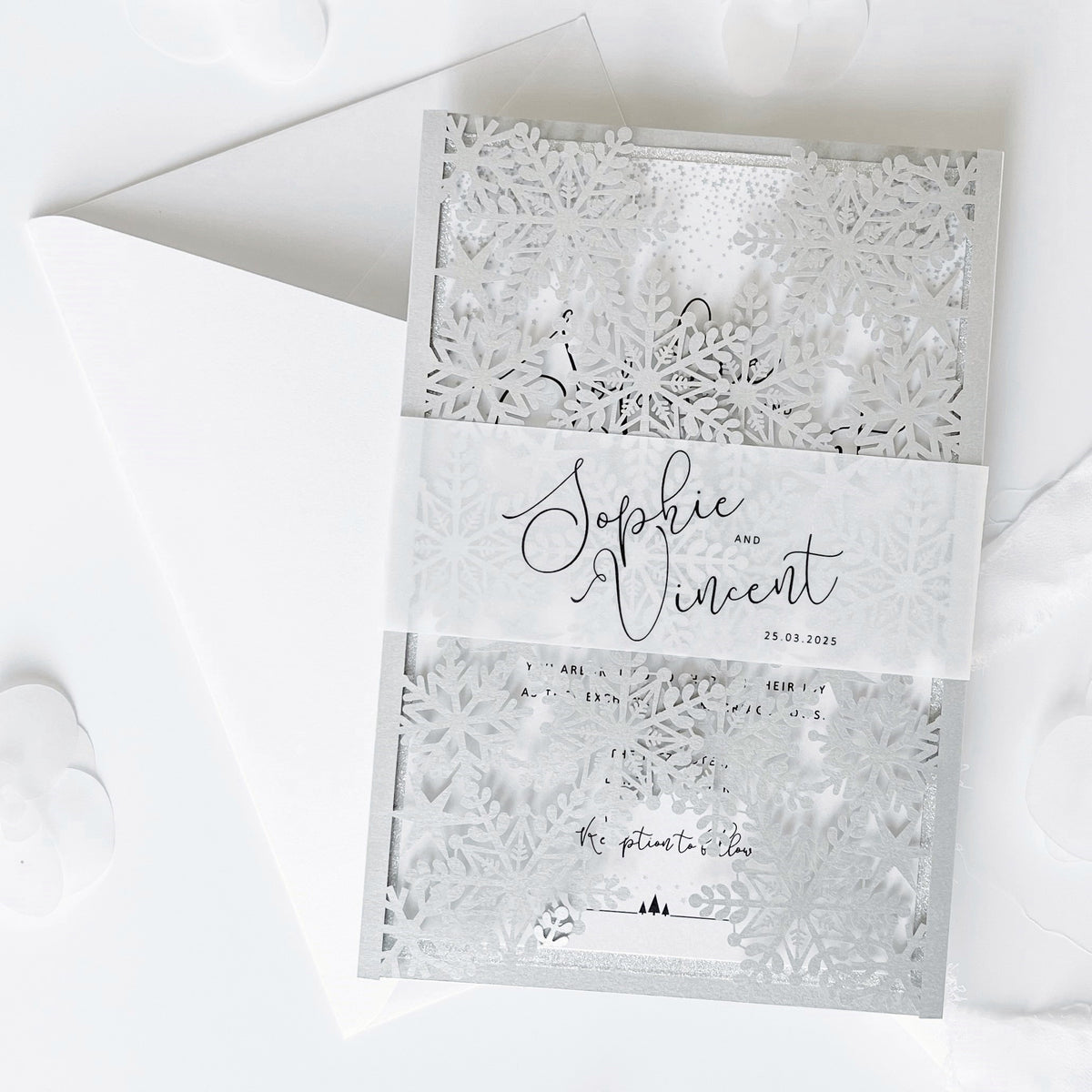 Silver Glitter Winter Wonderland Invitation, Laser Cut Snowflakes with Belly Band, Winter Wedding