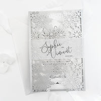 Silver Glitter Winter Wonderland Invitation, Laser Cut Snowflakes with Belly Band, Winter Wedding