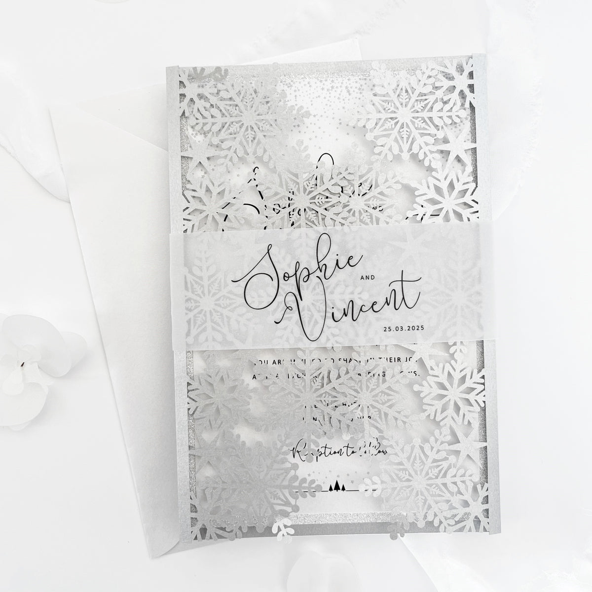 Silver Glitter Winter Wonderland Invitation, Laser Cut Snowflakes with Belly Band, Winter Wedding