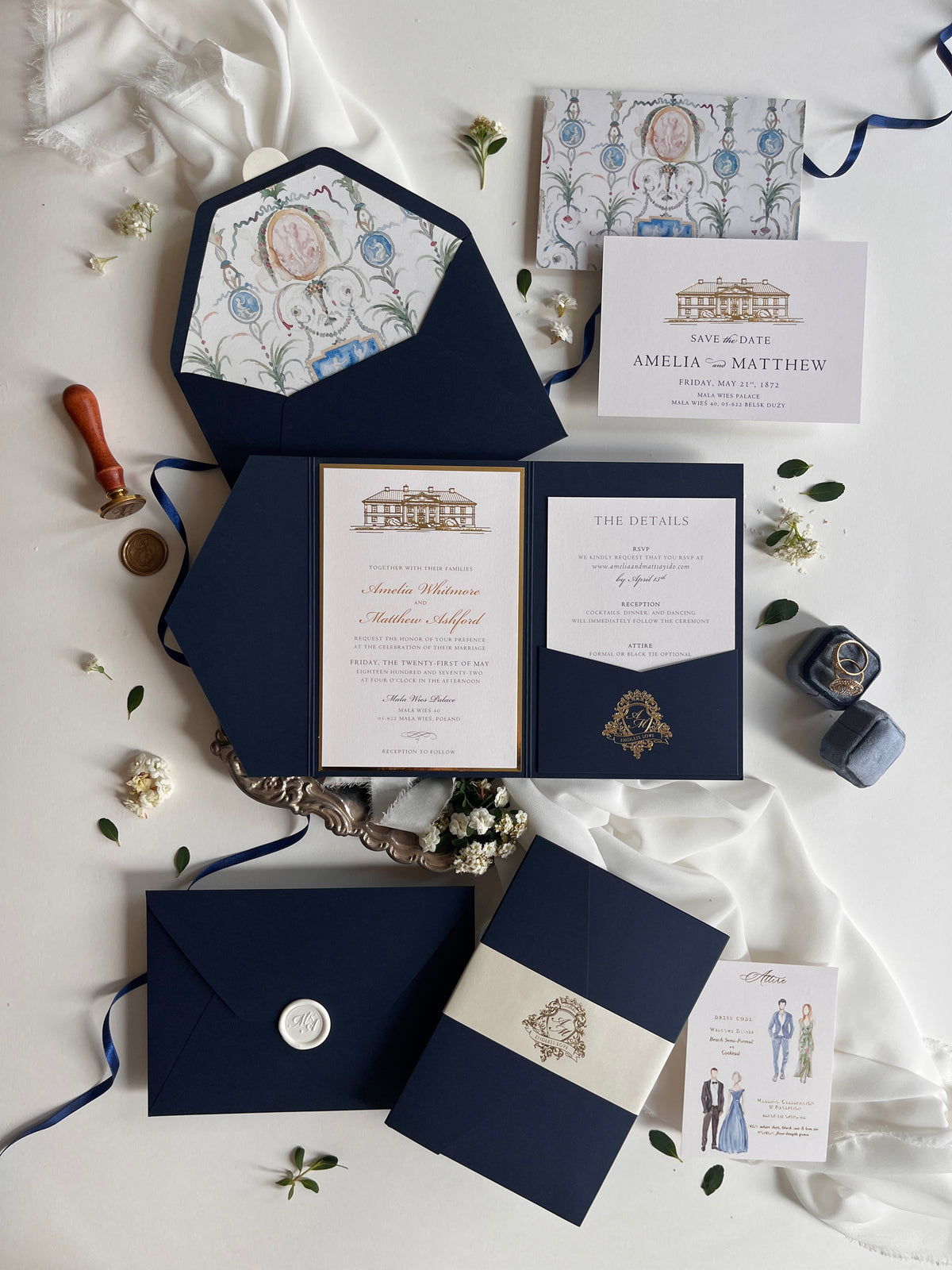 Navy & Gold Pocketfold Wedding Invitation Suite with Gold Foil Venue & Wax Seal