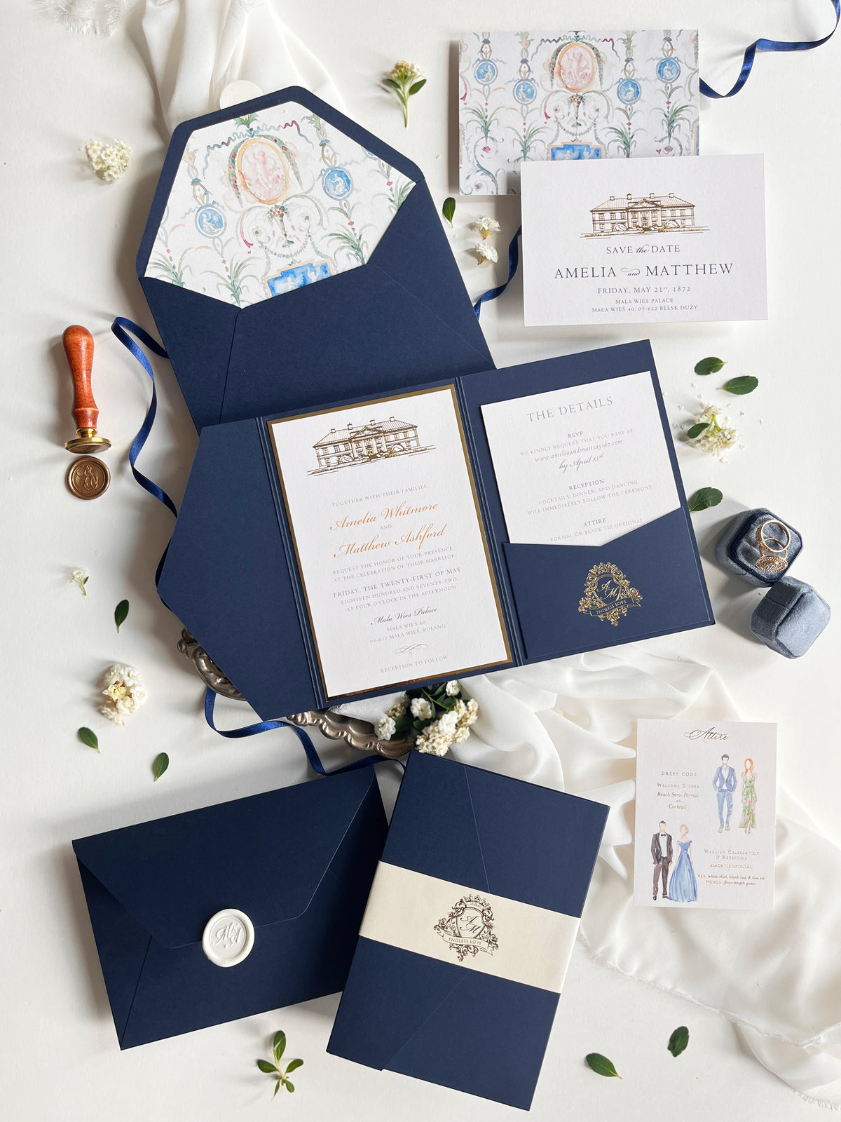 Navy & Gold Pocketfold Wedding Invitation Suite with Gold Foil Venue & Wax Seal