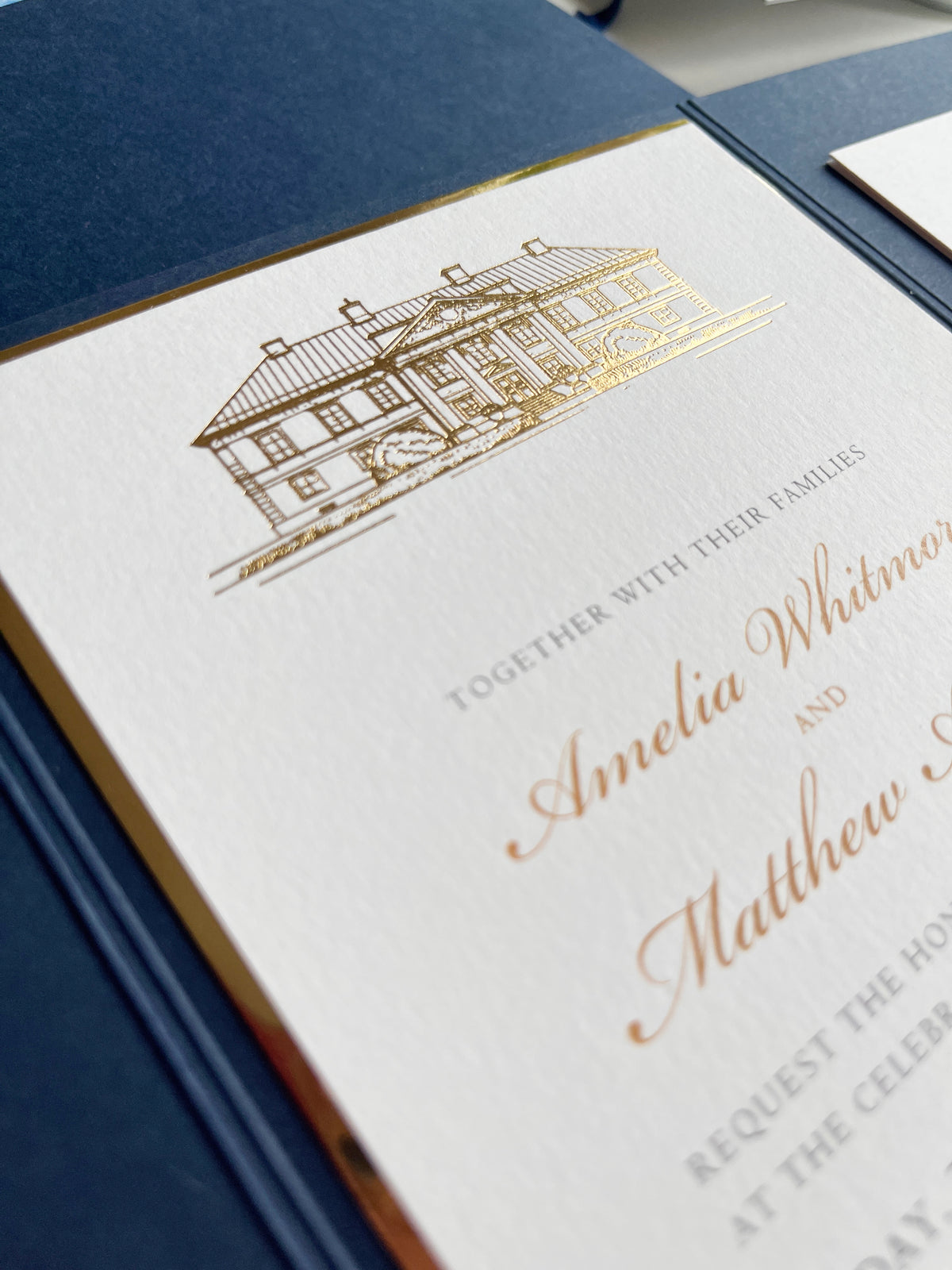 Navy & Gold Pocketfold Wedding Invitation Suite with Gold Foil Venue & Wax Seal