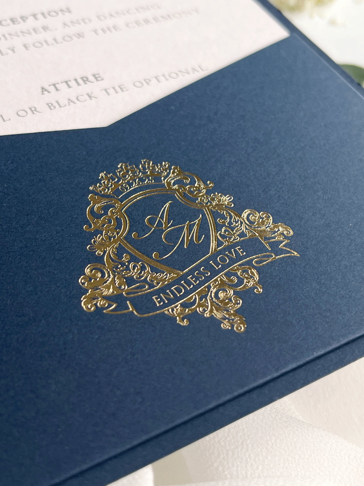 Navy & Gold Pocketfold Wedding Invitation Suite with Gold Foil Venue & Wax Seal