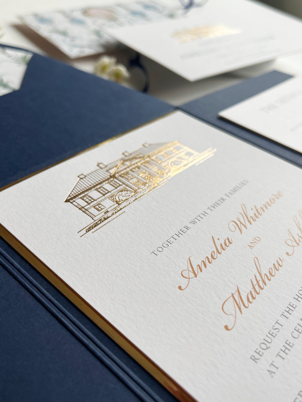 Navy & Gold Pocketfold Wedding Invitation Suite with Gold Foil Venue & Wax Seal