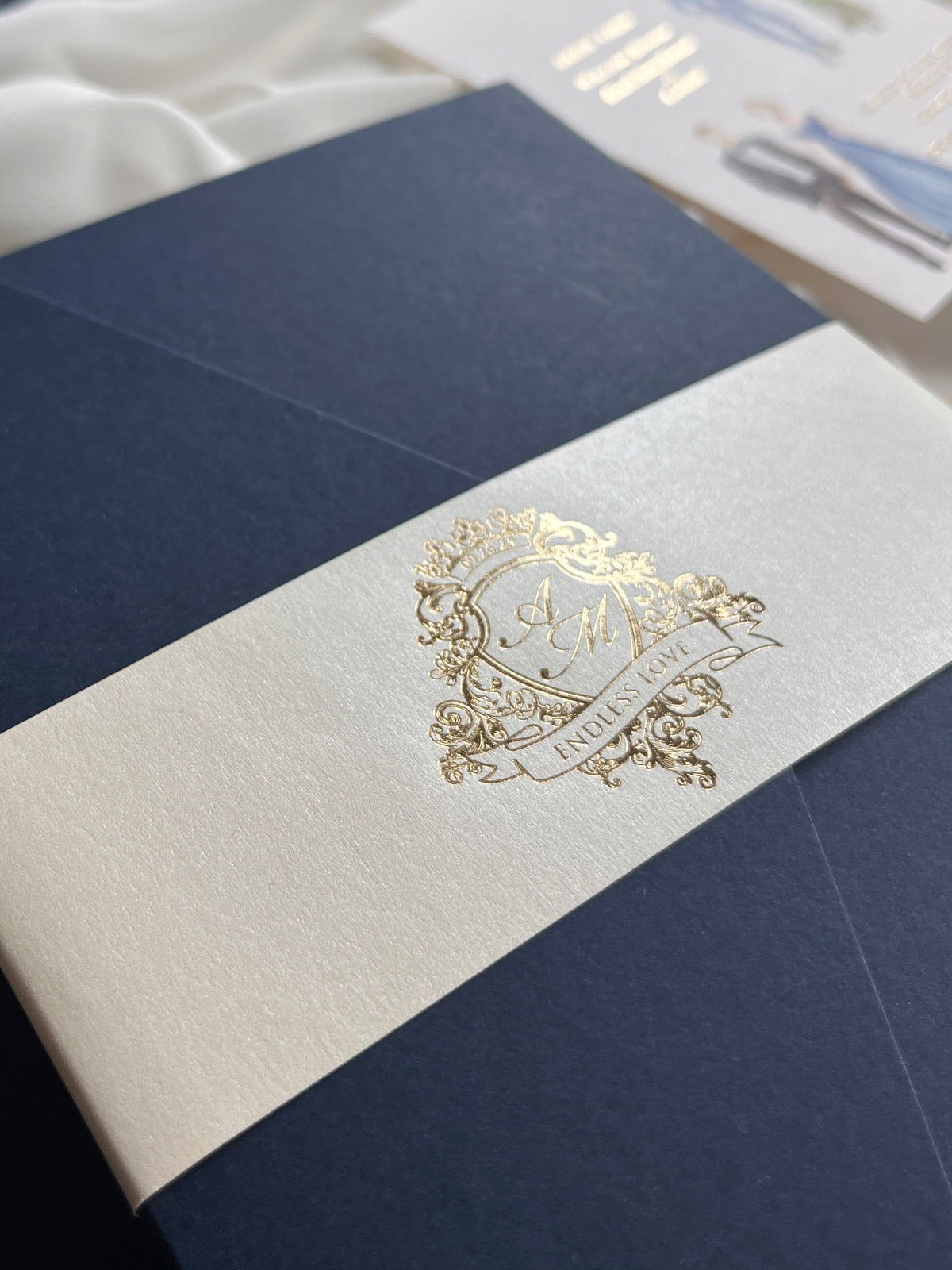 Navy & Gold Pocketfold Wedding Invitation Suite with Gold Foil Venue & Wax Seal