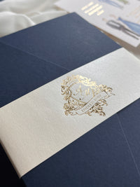 Navy & Gold Pocketfold Wedding Invitation Suite with Gold Foil Venue & Wax Seal