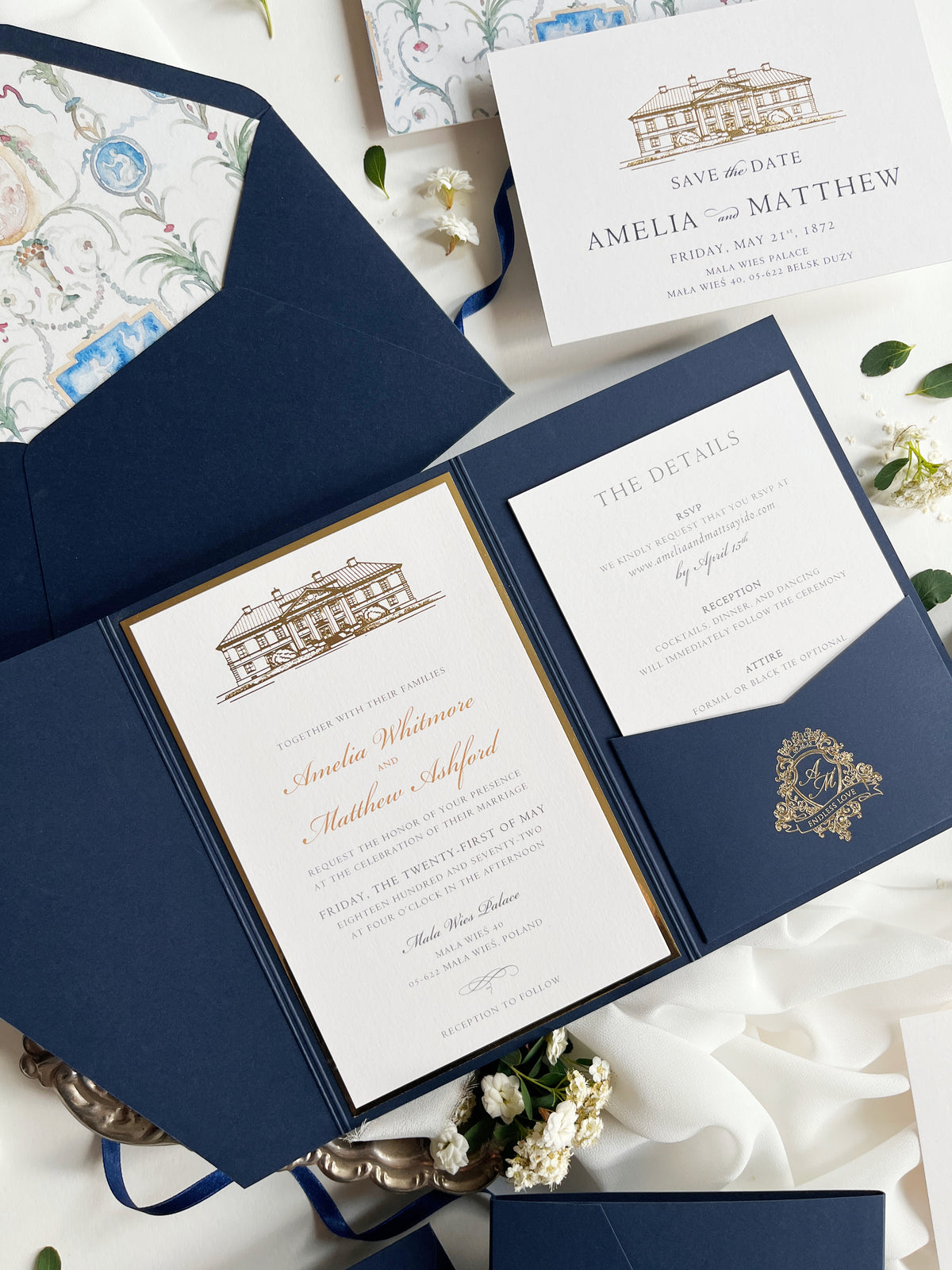 Navy & Gold Pocketfold Wedding Invitation Suite with Gold Foil Venue & Wax Seal