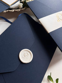 Navy & Gold Pocketfold Wedding Invitation Suite with Gold Foil Venue & Wax Seal
