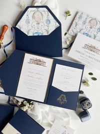 Navy & Gold Pocketfold Wedding Invitation Suite with Gold Foil Venue & Wax Seal