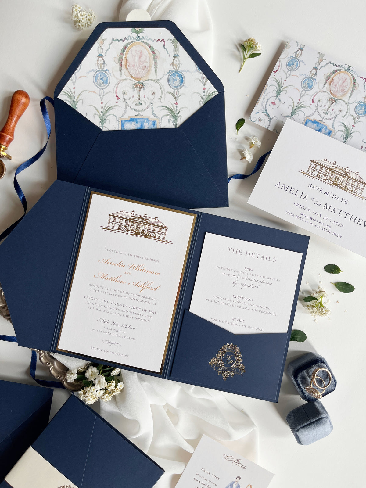 Navy & Gold Pocketfold Wedding Invitation Suite with Gold Foil Venue & Wax Seal