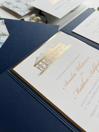 Navy & Gold Pocketfold Wedding Invitation Suite with Gold Foil Venue & Wax Seal